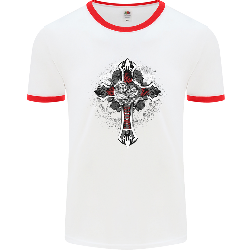 Steampunk Cross Gothic Heavy Metal Biker Mens White Ringer T-Shirt White/Red