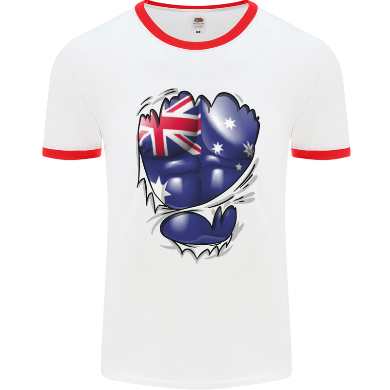 Gym Australian Flag Muscles Australia Mens White Ringer T-Shirt White/Red