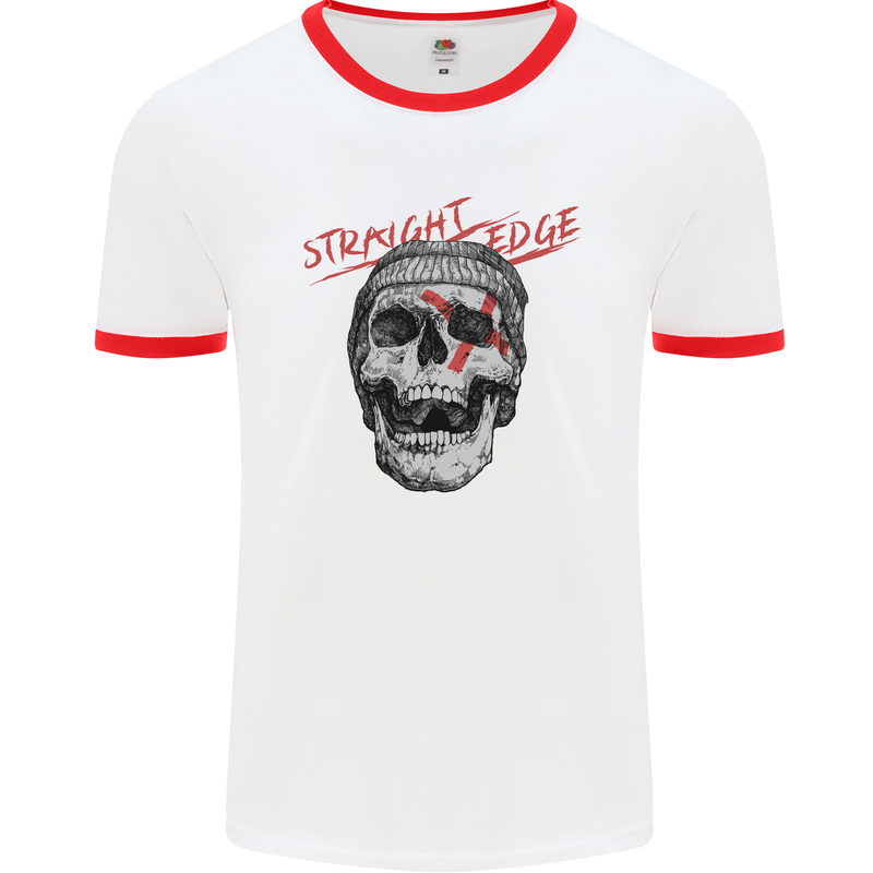 Straight Edge Skull Biker Motorcycle Mens White Ringer T-Shirt White/Red