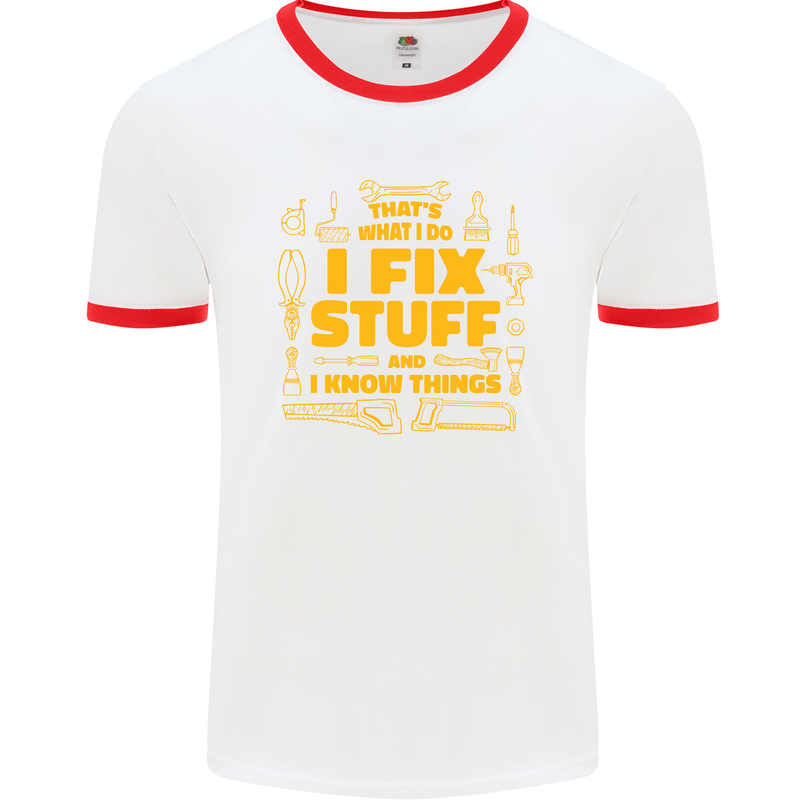 I Fix Stuff Funny Carpenter DIY Tradesman Mens White Ringer T-Shirt White/Red