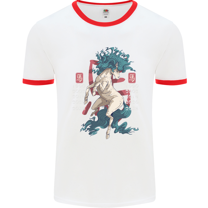 Chinese Zodiac Shengxiao Year of the Horse Mens White Ringer T-Shirt White/Red