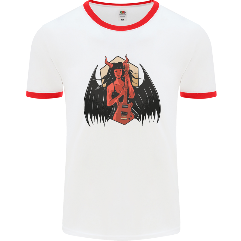 Devil Woman Guitar Death Heavy Metal Rock Mens White Ringer T-Shirt White/Red