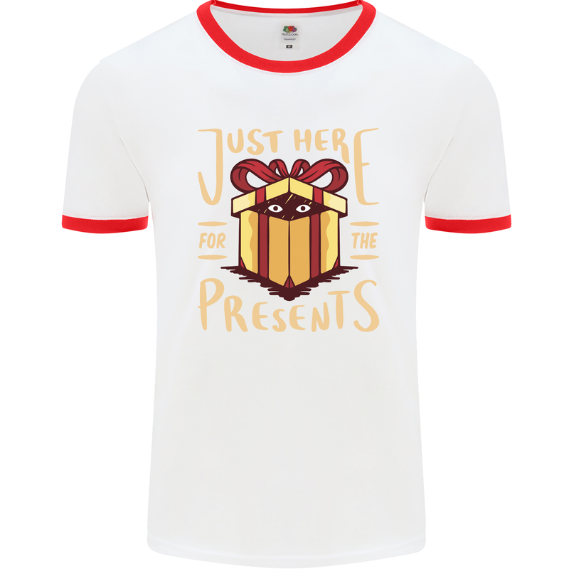 Christmas Just Here For the Presents Funny Mens White Ringer T-Shirt White/Red