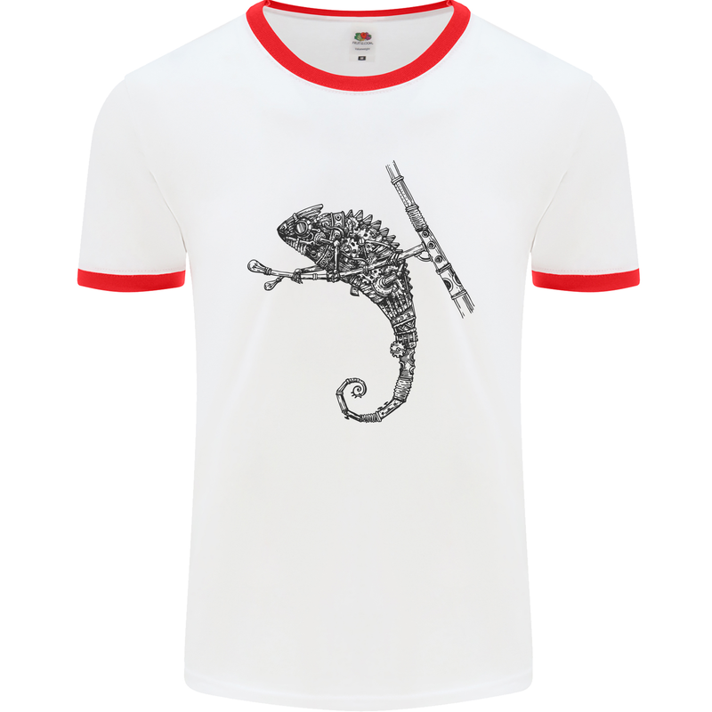 Steampunk Chameleon Mens White Ringer T-Shirt White/Red