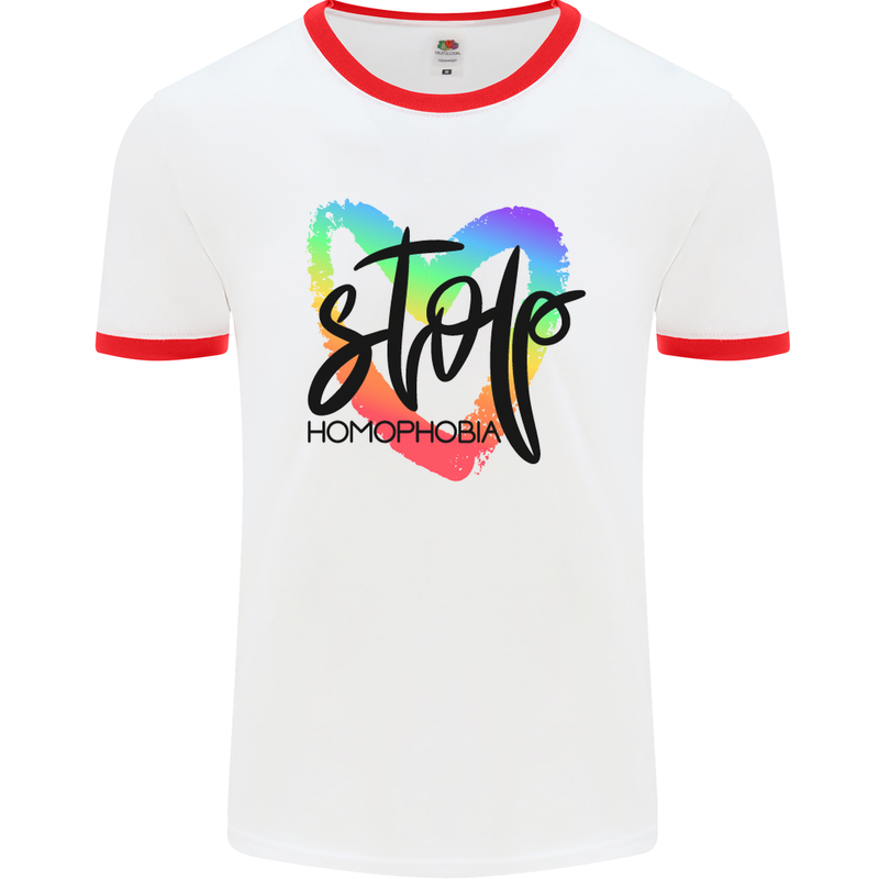 Stop Homophobia Gay Pride Day Awareness Mens White Ringer T-Shirt White/Red