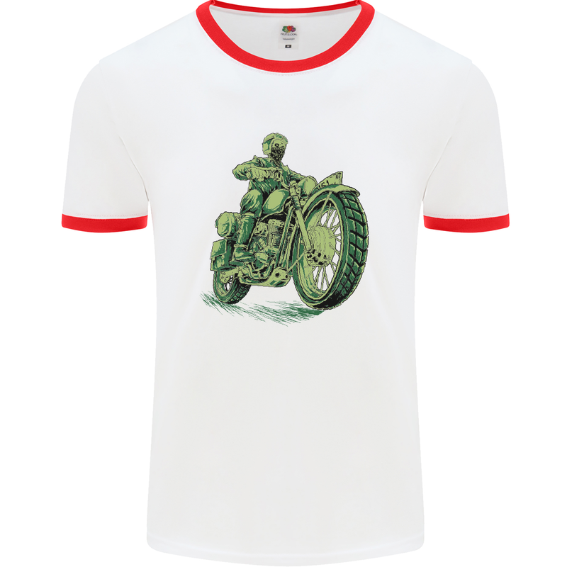 Biker Green Cafe Racer Motorbike Motorcycle Mens White Ringer T-Shirt White/Red