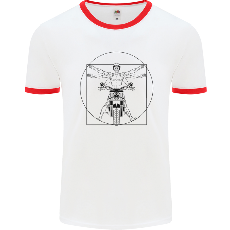 Vitruvian Biker Motorcycle Motorbike Mens White Ringer T-Shirt White/Red