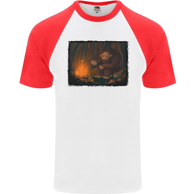 Bigfoot Camping and Cooking Marshmallows Mens S/S Baseball T-Shirt White/Red