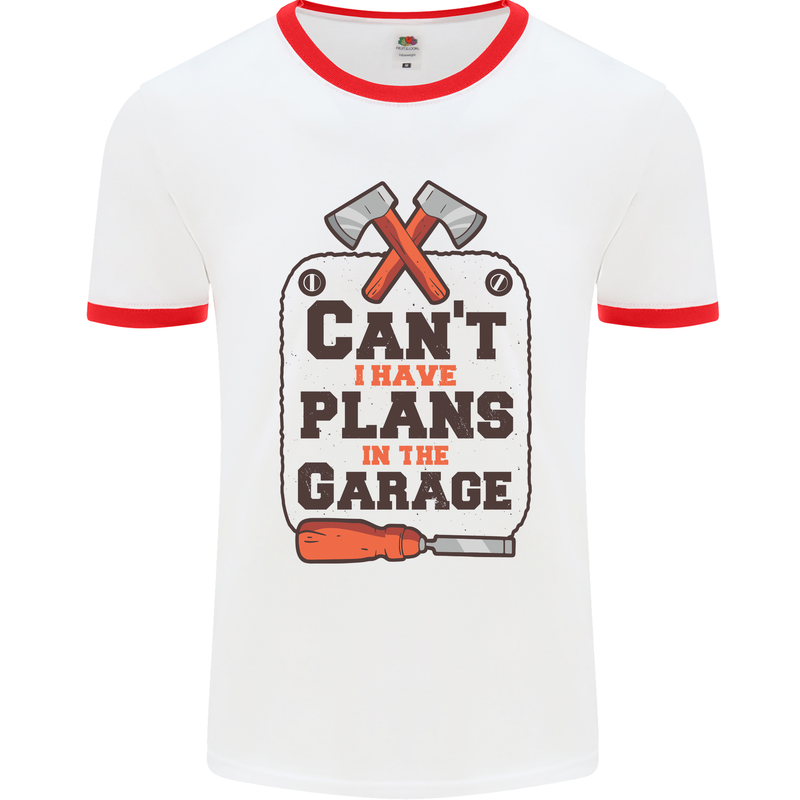 Plans In the Garage Carpentry DIY Tradesman Mens White Ringer T-Shirt White/Red