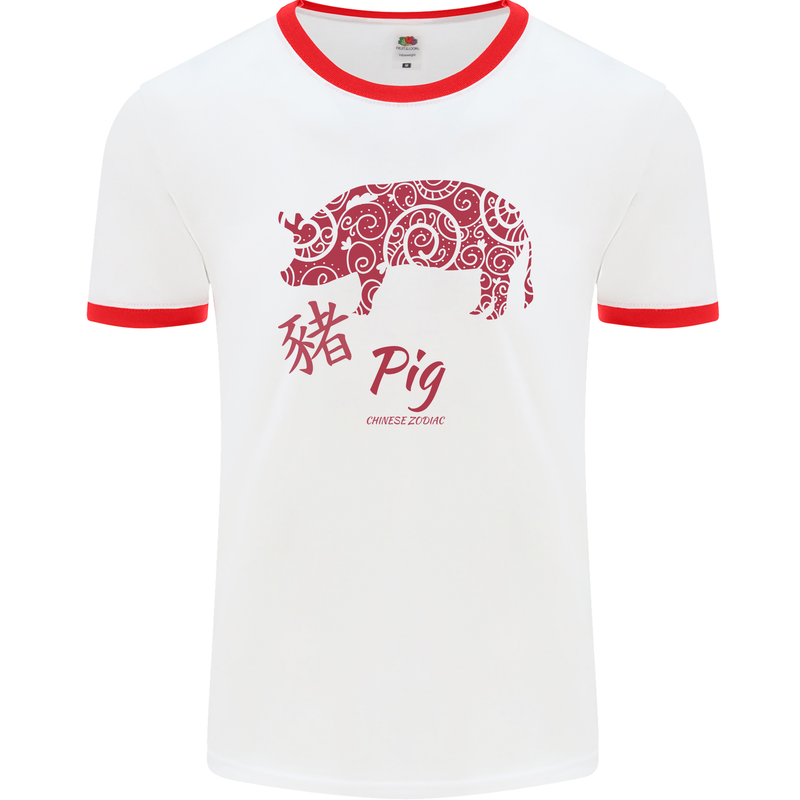 Chinese Zodiac Shengxiao Year of the Pig Mens White Ringer T-Shirt White/Red