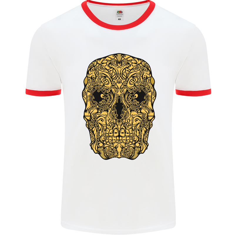 Ethnic Skull Gothic Tribal Demon Mens White Ringer T-Shirt White/Red