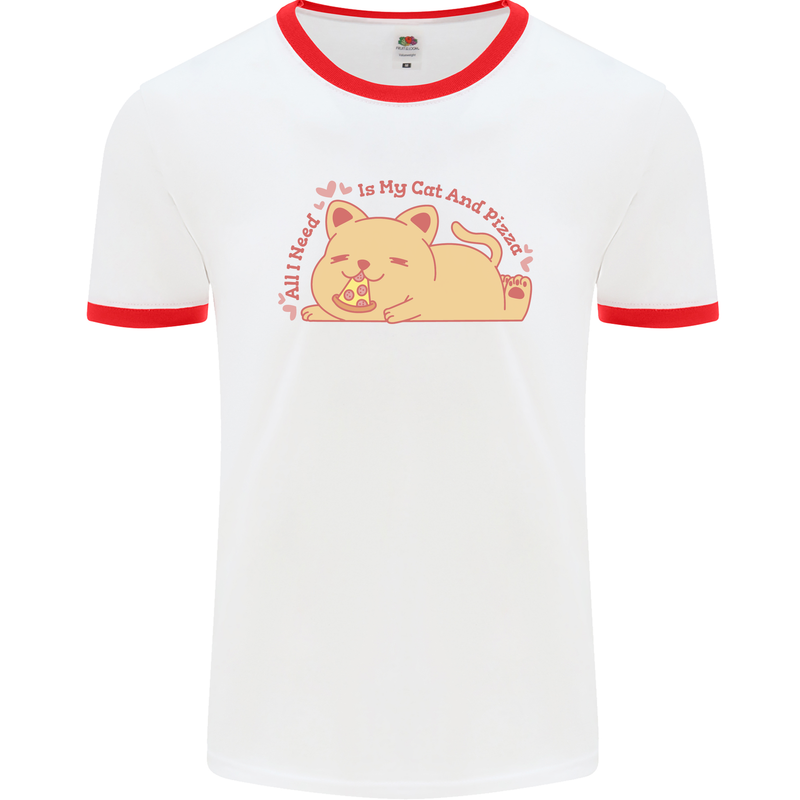 Cat and Pizza Funny Antisocial Mens White Ringer T-Shirt White/Red