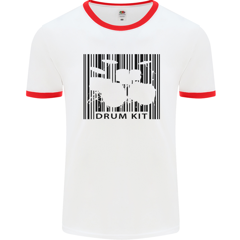 Drum Kit Barcode Drummer Drumming Mens White Ringer T-Shirt White/Red