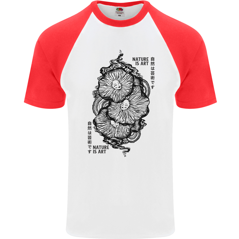 Nature is Art Mushroom Fungi Mycology Mens S/S Baseball T-Shirt White/Red