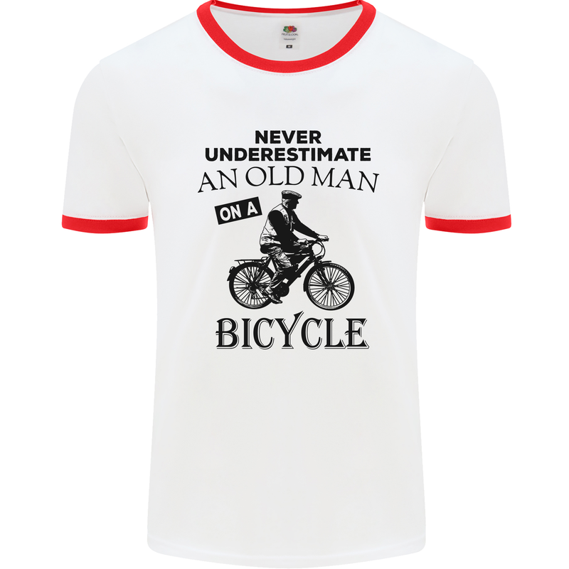 Cycling Never Underestimate Old Man Mens White Ringer T-Shirt White/Red