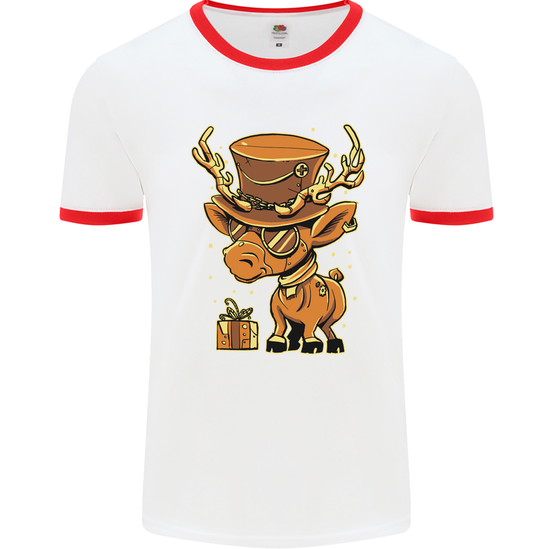 Steampunk Reindeer Funny Christmas Mens White Ringer T-Shirt White/Red