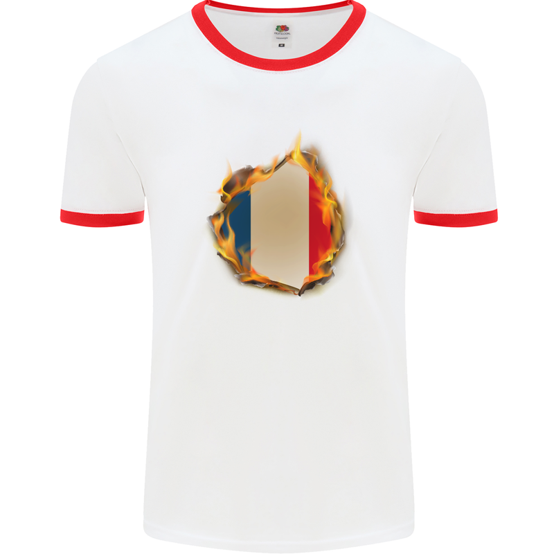 The French Tricolour Flag Fire France Mens White Ringer T-Shirt White/Red