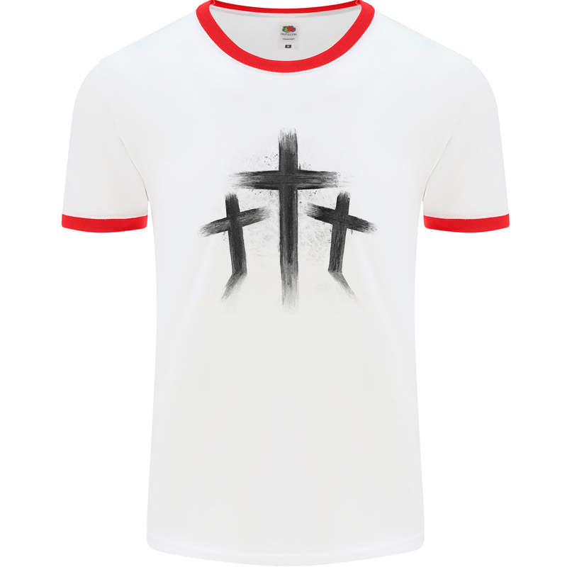 Three Grunge Crosses Gothic Mens Ringer T-Shirt White/Red