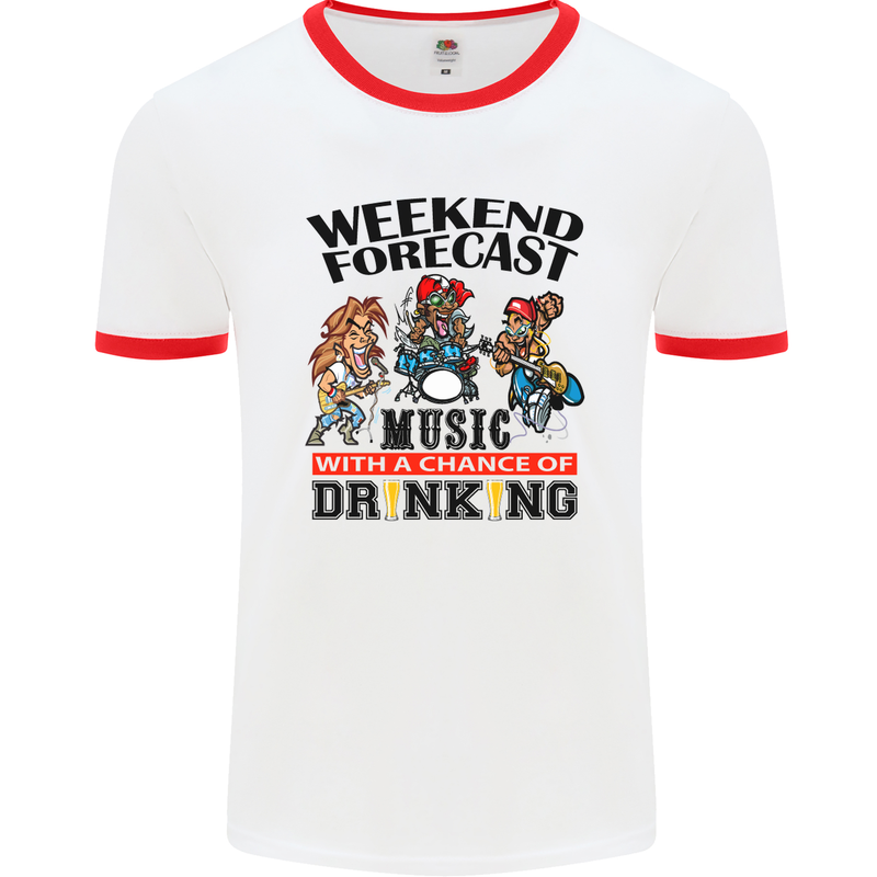 Music Weekend Forecast Alcohol Beer Mens White Ringer T-Shirt White/Red