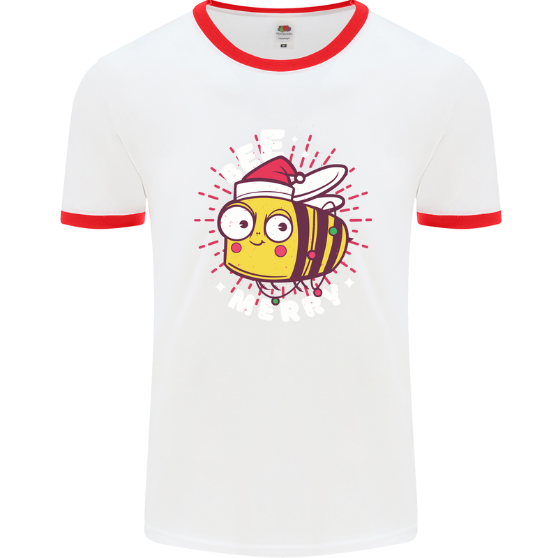 Christmas Bee Merry Funny Novelty Mens White Ringer T-Shirt White/Red