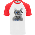 New York City Cat With Glasses Mens S/S Baseball T-Shirt White/Red