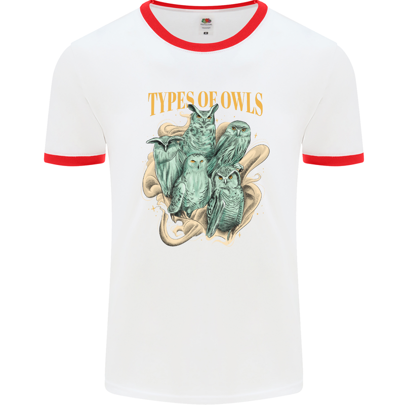 Types of Owls Species Mens Ringer T-Shirt White/Red