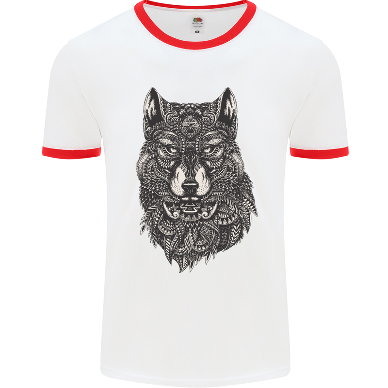 Abstract Dog Mandala Art Mens White Ringer T-Shirt White/Red