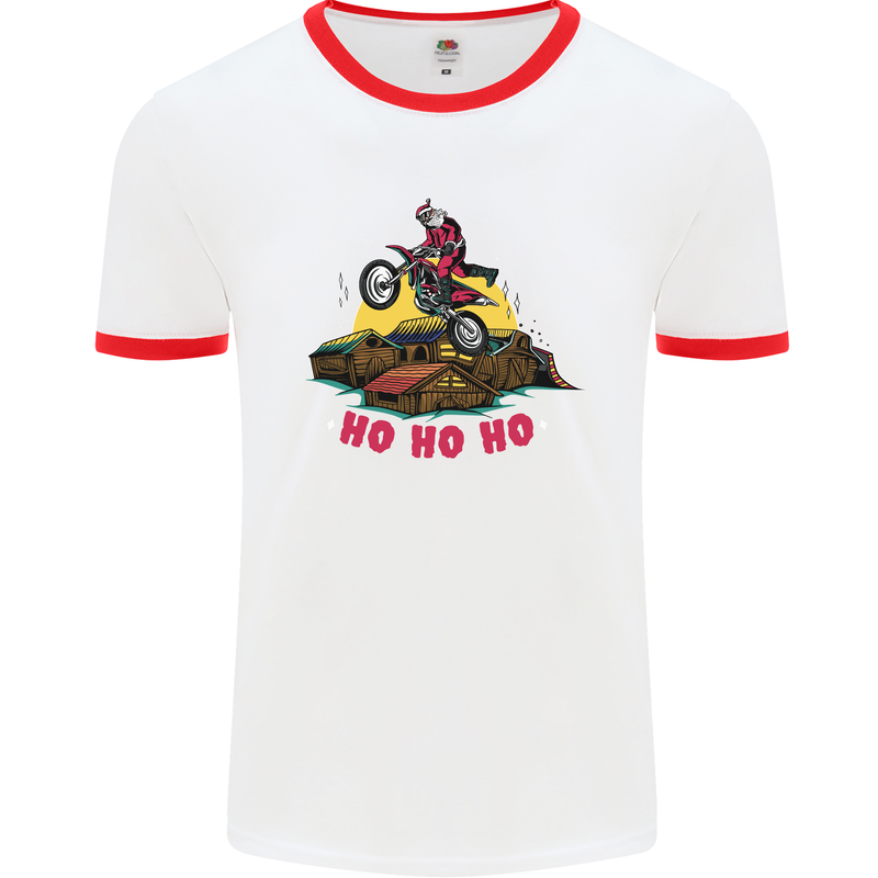 Christmas Santa Motocross Dirt Bike Mens White Ringer T-Shirt White/Red