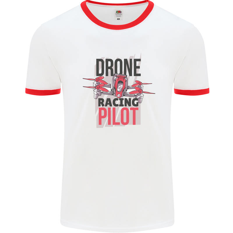 Drone Racing Pilot Mens Ringer T-Shirt White/Red