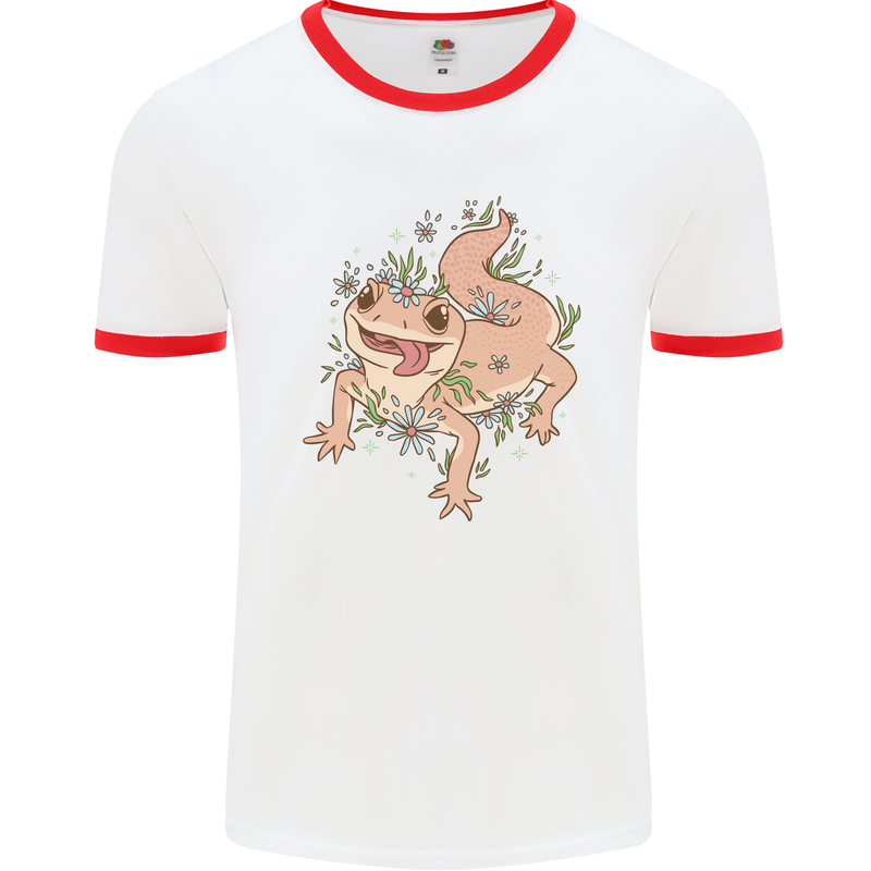 Gekko With Flowers Lizards Mens White Ringer T-Shirt White/Red