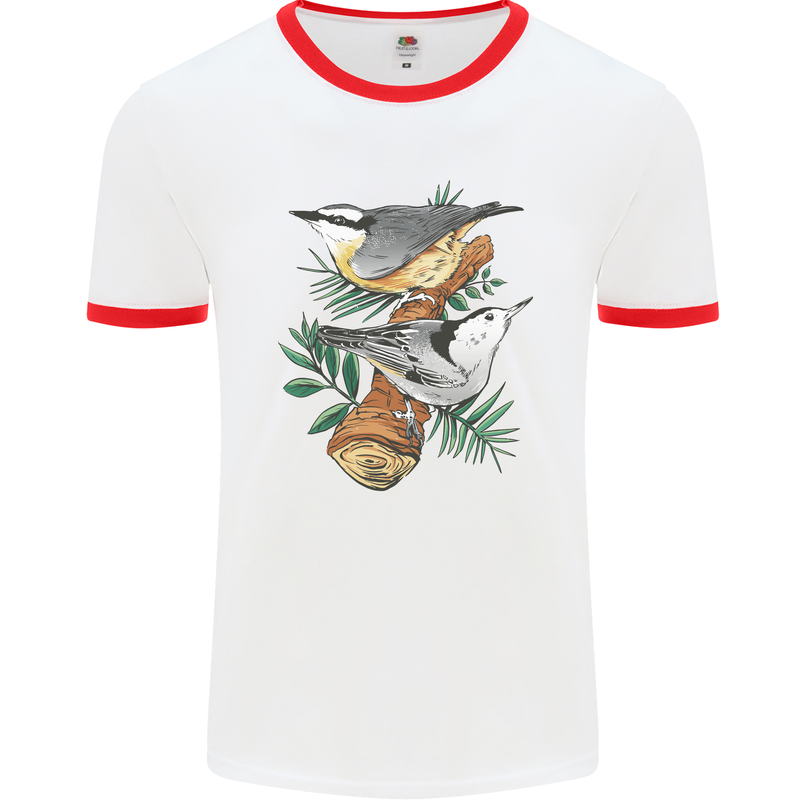 Nuthatch Garden Bird Watching Mens White Ringer T-Shirt White/Red