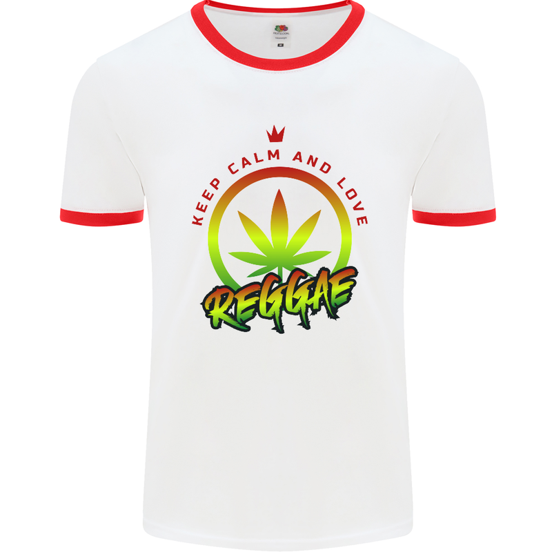 Keep Calm and Love Reggae Music Mens White Ringer T-Shirt White/Red