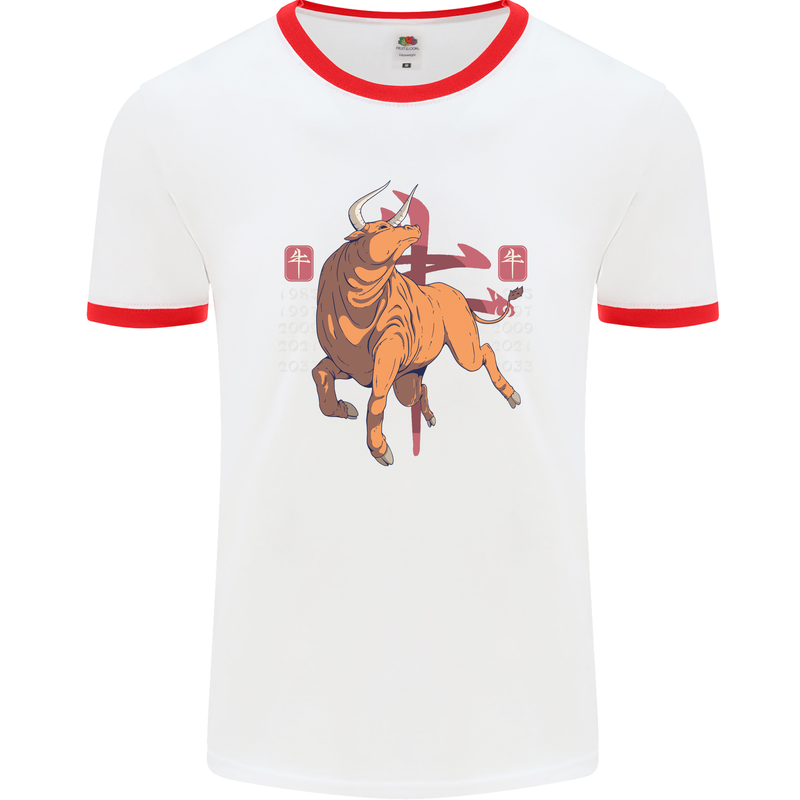 Chinese Zodiac Shengxiao Year of the Ox Mens White Ringer T-Shirt White/Red