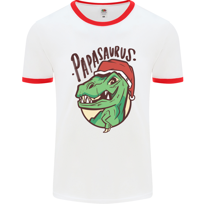 Christmas Papasaurus T-Rex Dinosaur Mens White Ringer T-Shirt White/Red