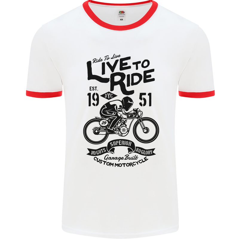 Live to Ride Motorbike Motorcycle Biker Mens White Ringer T-Shirt White/Red