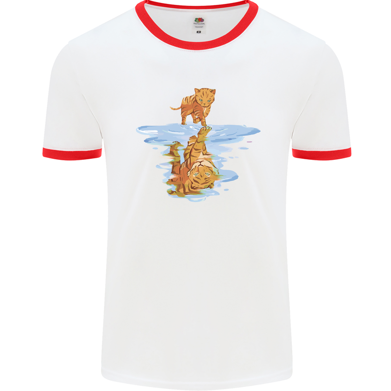 Funny Tiger Cat Reflection Mens White Ringer T-Shirt White/Red