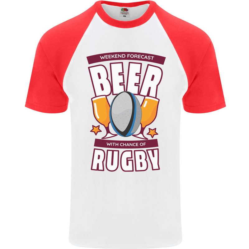 Weekend Forecast Beer Alcohol Rugby Funny Mens S/S Baseball T-Shirt White/Red