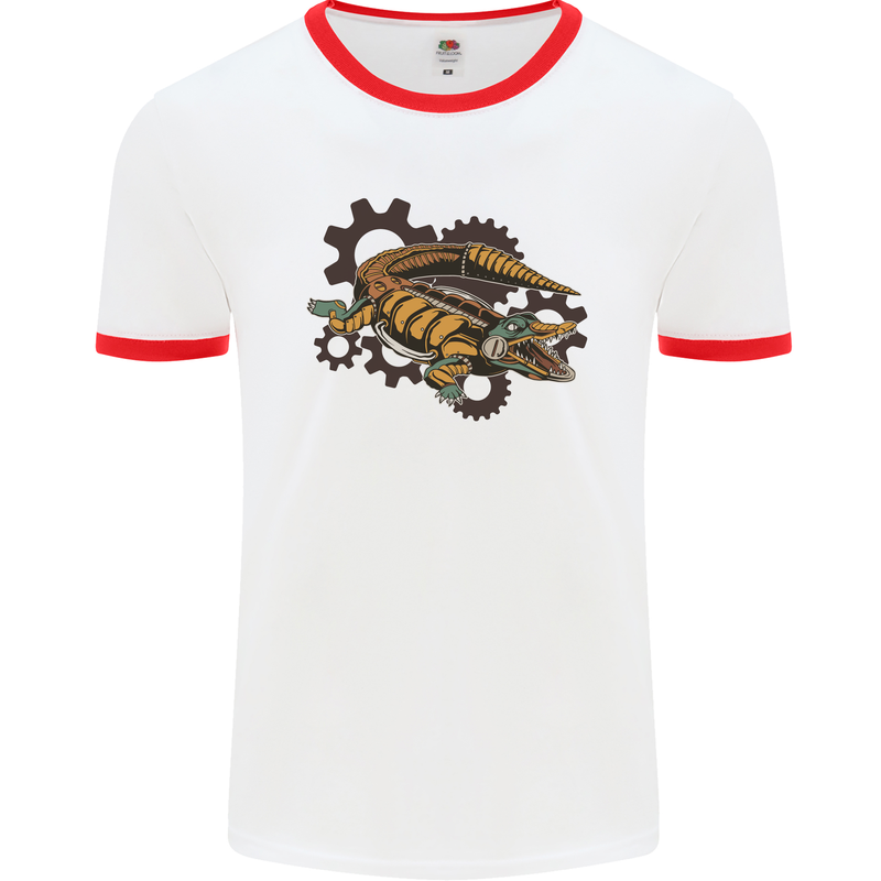 Steampunk Crocodile Alligator Mens Ringer T-Shirt White/Red