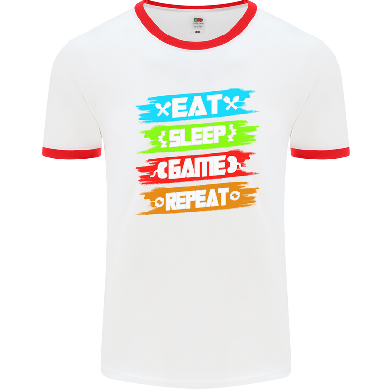 Eat Sleep Game Funny Gamer Gamming Mens White Ringer T-Shirt White/Red