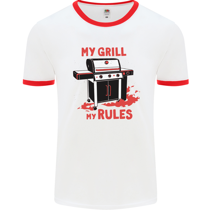 My Grill My Rules Funny BBQ Mens White Ringer T-Shirt White/Red