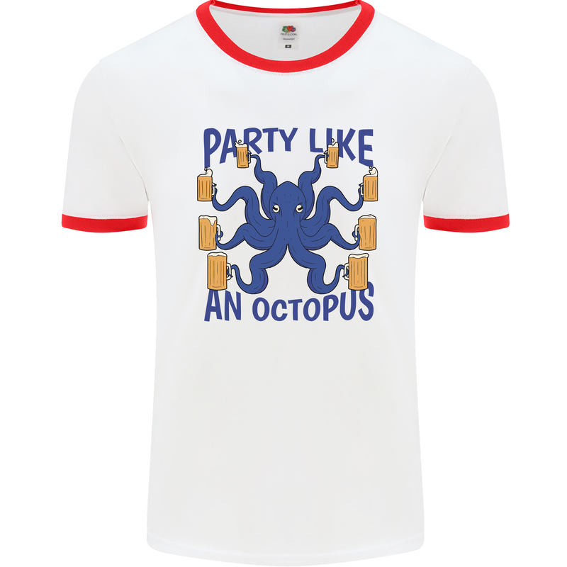 Beer Party Octopus Scuba Diving Diver Funny Mens White Ringer T-Shirt White/Red