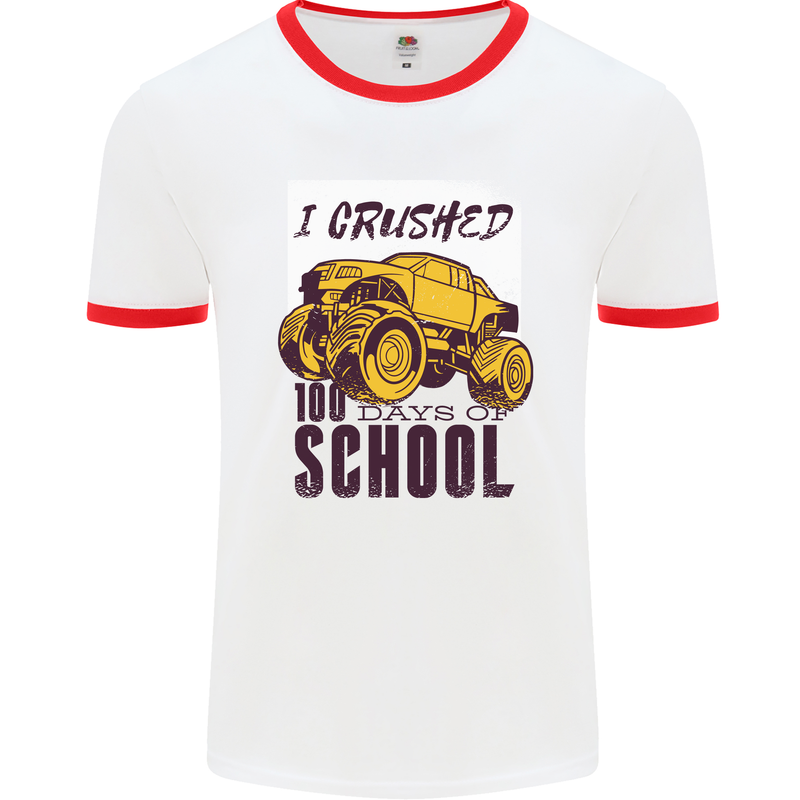 I Crushed 100 Days of School Monster Truck Mens White Ringer T-Shirt White/Red