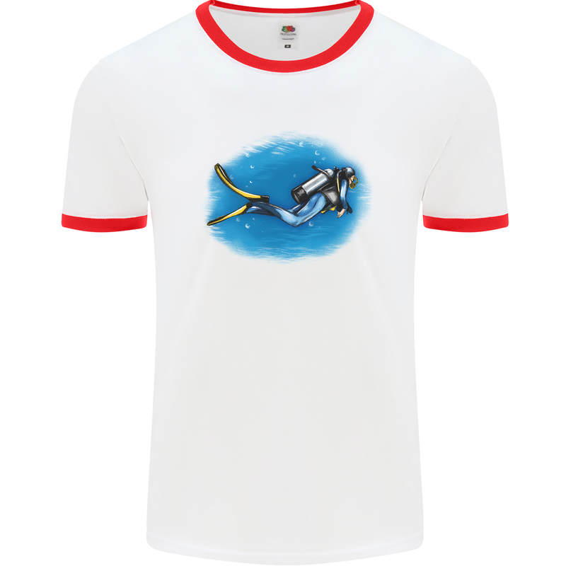 Ocean Scuba Diver Scuba Diving Mens White Ringer T-Shirt White/Red
