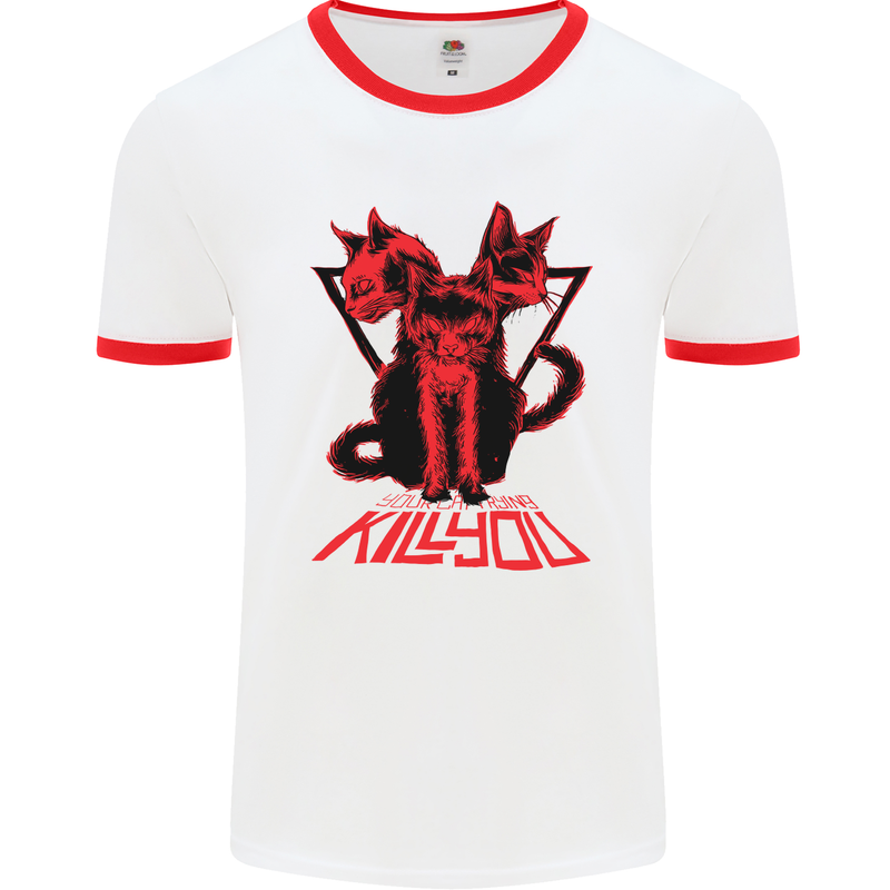 Demonic Cats Halloween Horror Witch Demons Mens White Ringer T-Shirt White/Red