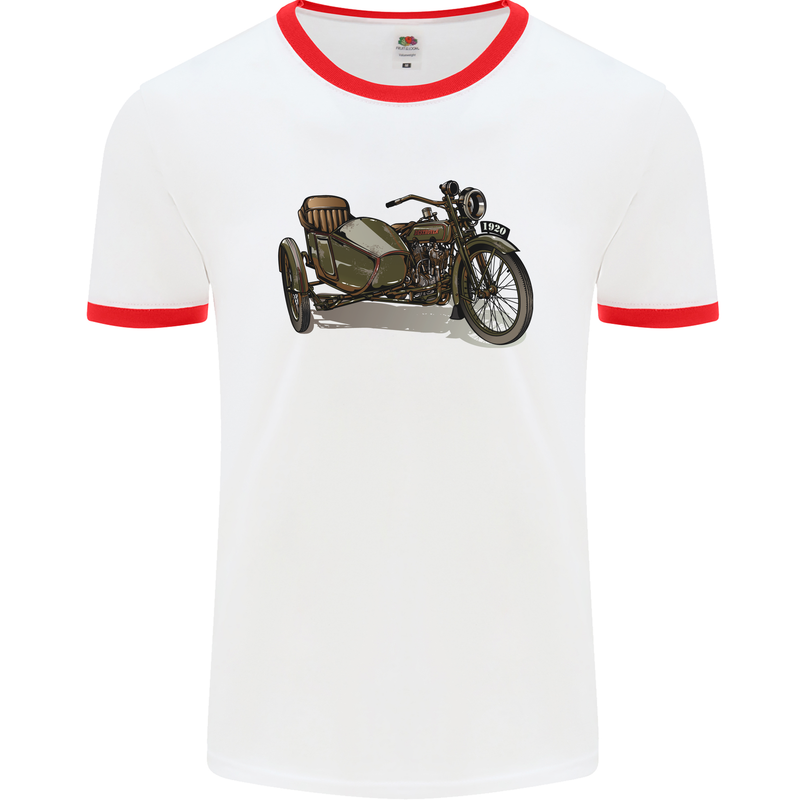 Motorcycle and Sidecar Biker Motorbike Mens White Ringer T-Shirt White/Red