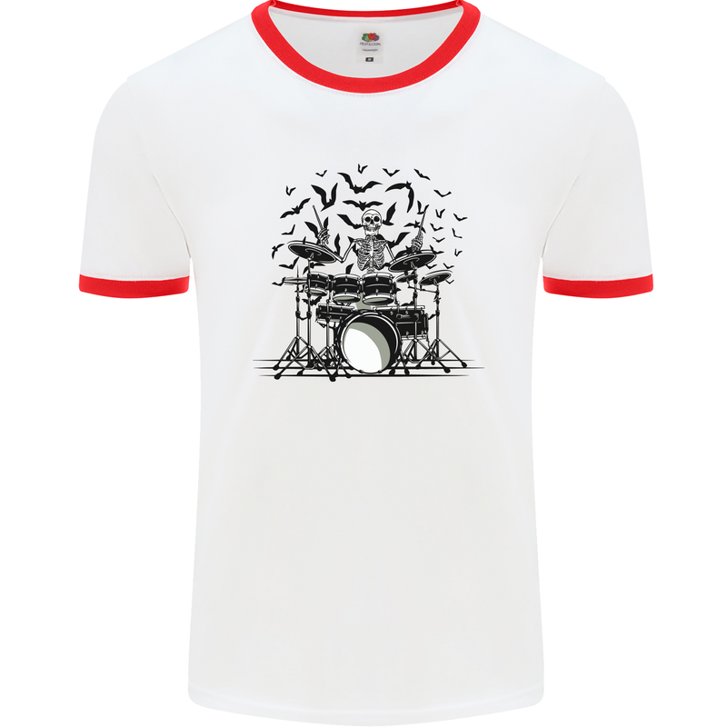 Skeleton Drummer Drumming Drum Skull Funny Mens White Ringer T-Shirt White/Red