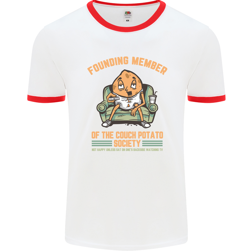 Funny Lazy Couch Potato Watchng TV & Movies Mens White Ringer T-Shirt White/Red
