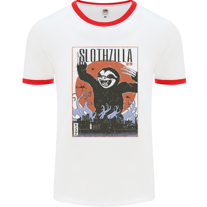 Slothzilla Funny Sloth Parody Mens Ringer T-Shirt White/Red