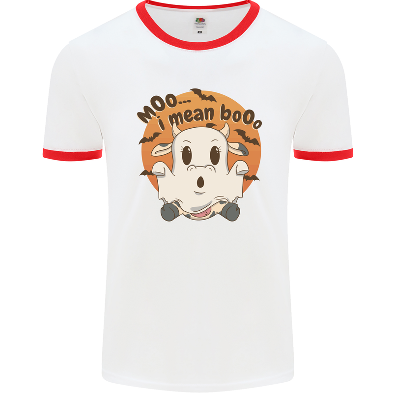 Moo I Mean Boo Funny Cow Halloween Mens White Ringer T-Shirt White/Red