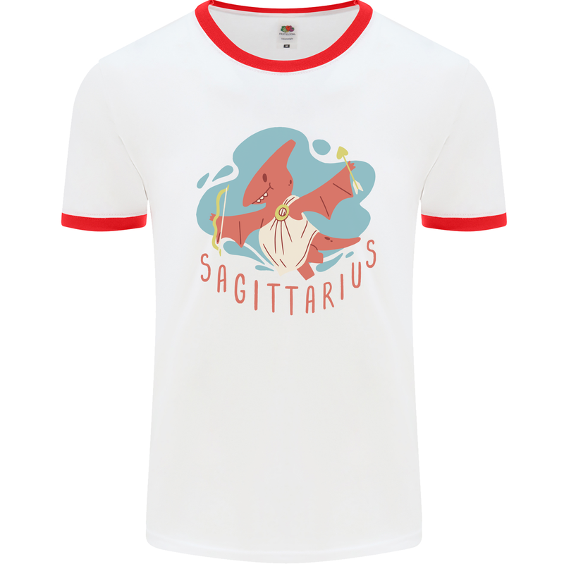 Sagittarius Dinosaur Pterosaurs Star Sign Mens Ringer T-Shirt White/Red